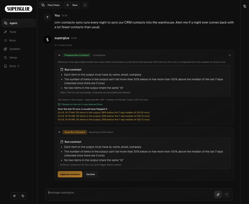 superglue agent proposing one of Pranav's run contracts