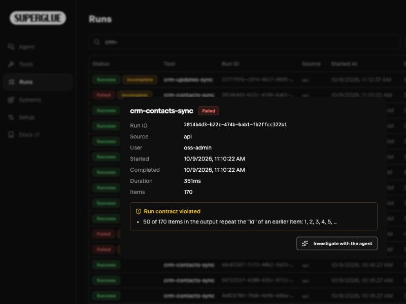 A run contract flagging items that repeat an earlier id
