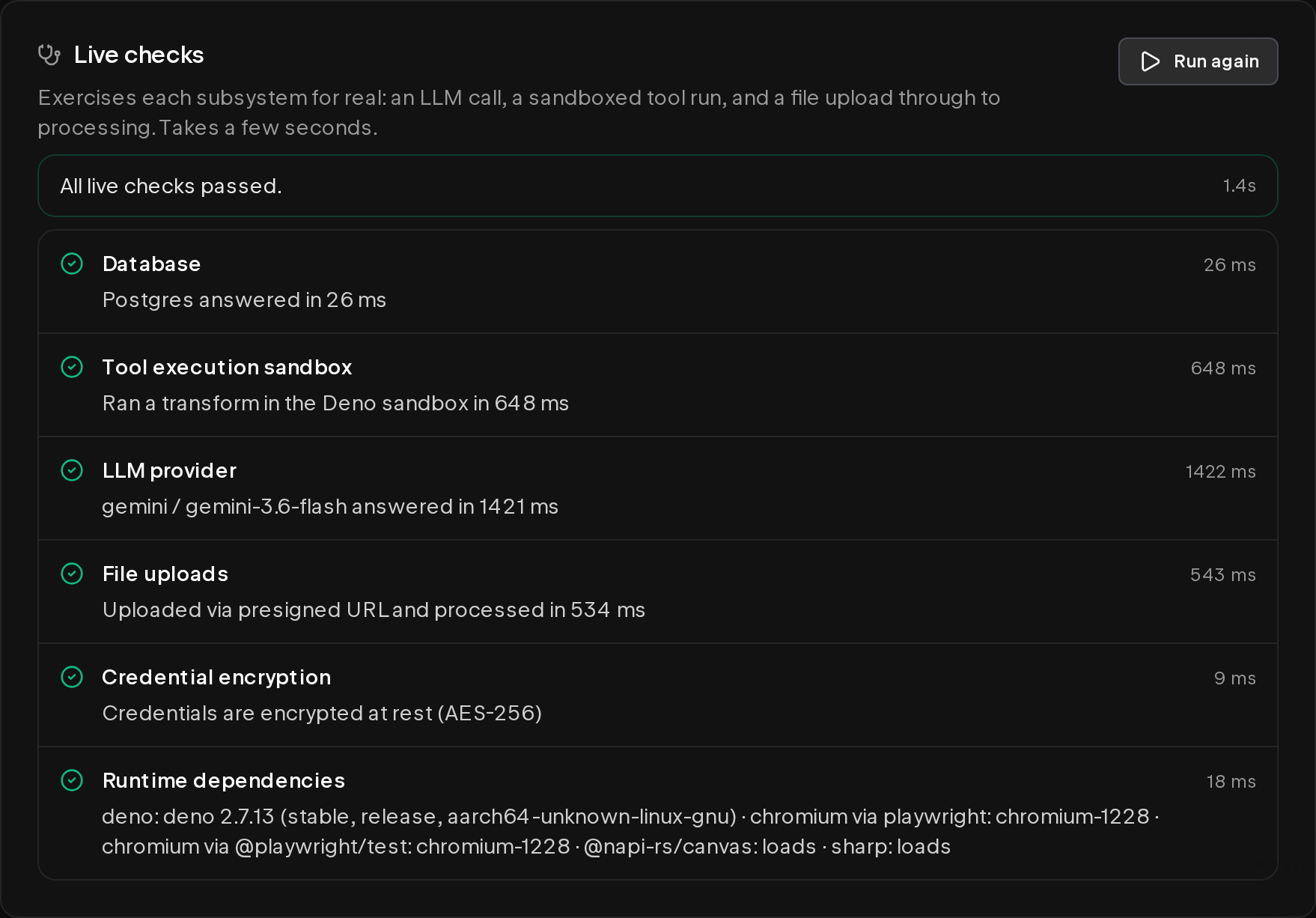 Live checks with every subsystem passing
